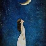 AI-generated an illustration of a young girl looking up at the moon. Created by AlanaJordan on Pixabay