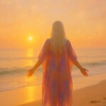 Back view of a barefoot woman with long white hair, wearing a flowing watercolor-toned caftan, standing on the Chesapeake Bay shoreline at sunrise with arms outstretched toward the glowing horizon.