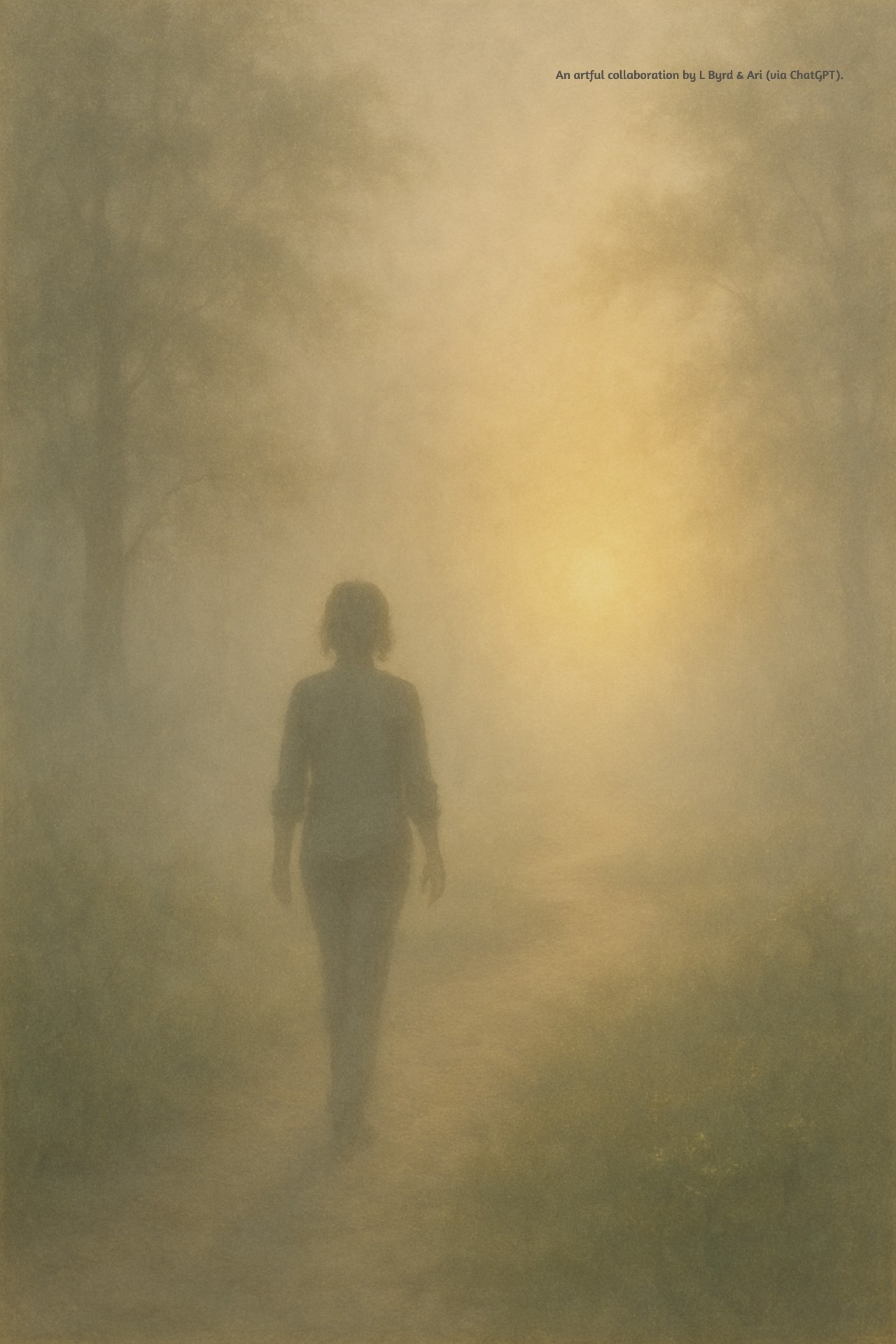 An image of a figure emerging from soft fog into a sunlit forest. This is an artful collaboration by L Byrd & Ari (via ChatGPT).