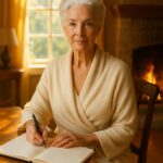 An older woman with silver-white hair sits at a wooden writing desk, sunlight streaming through a window behind her. A fire glows warmly in the stone fireplace nearby. Dressed in a soft robe, she gazes forward with calm strength, pen in hand and journal open, embodying grace, confidence, and the wisdom of a life lived with purpose.