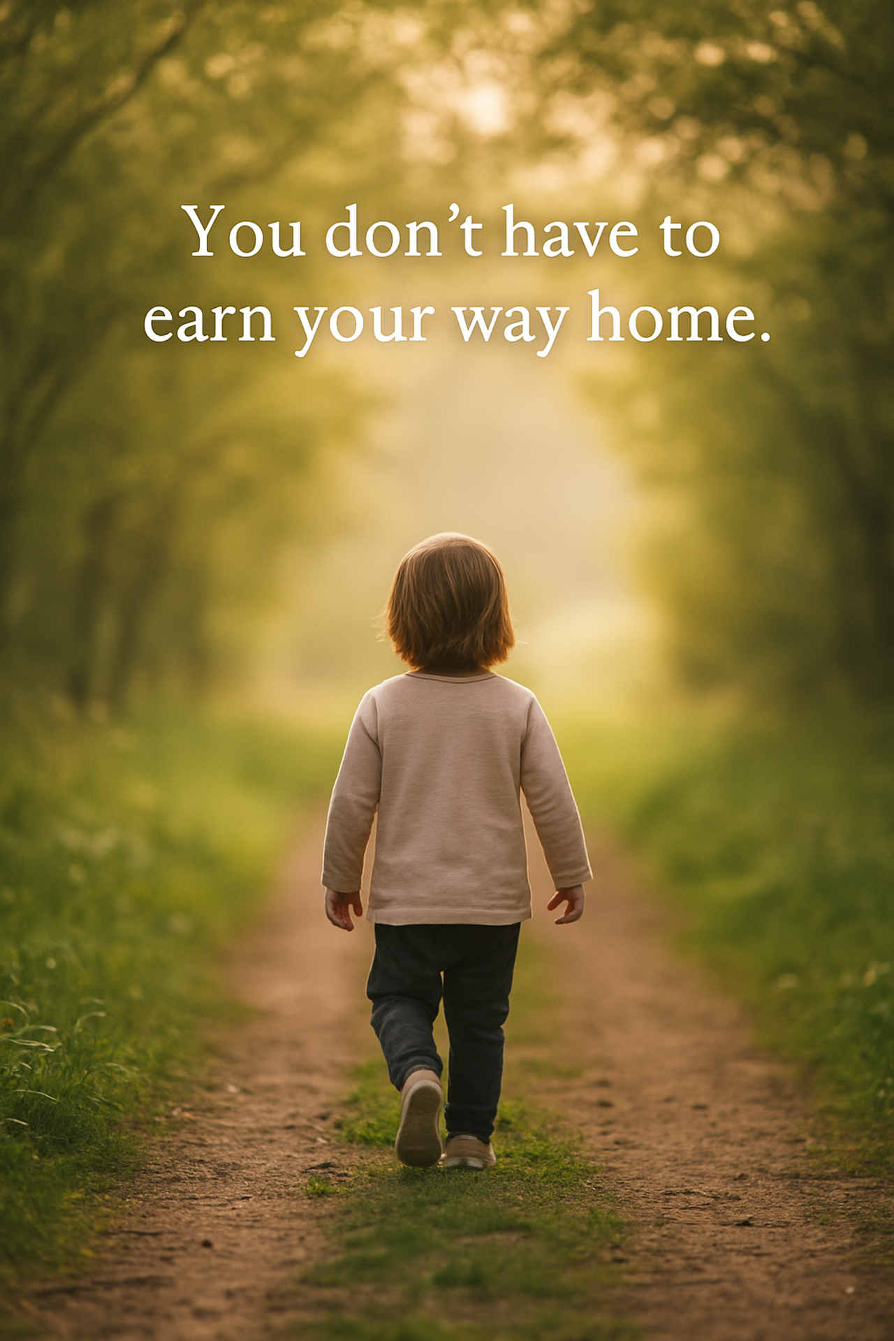 A young child with light brown hair walks alone down a wooded path surrounded by trees and soft sunlight. The words “You don’t have to earn your way home” appear above. The image conveys healing, innocence, and spiritual return.