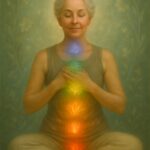 A serene older woman sits cross-legged in meditation in a sunlit forest. Seven glowing chakras are aligned from her root to crown, each radiating its traditional color—from red at the base to violet at the crown.