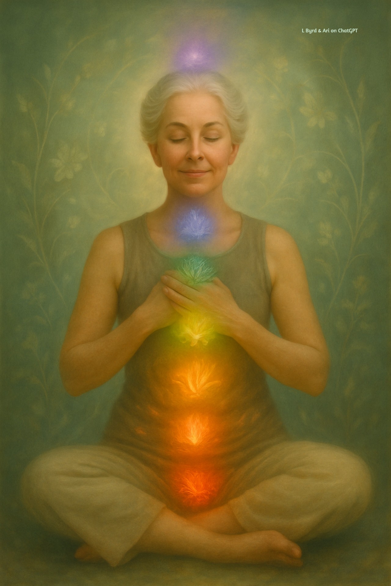 A serene older woman sits cross-legged in meditation in a sunlit forest. Seven glowing chakras are aligned from her root to crown, each radiating its traditional color—from red at the base to violet at the crown.