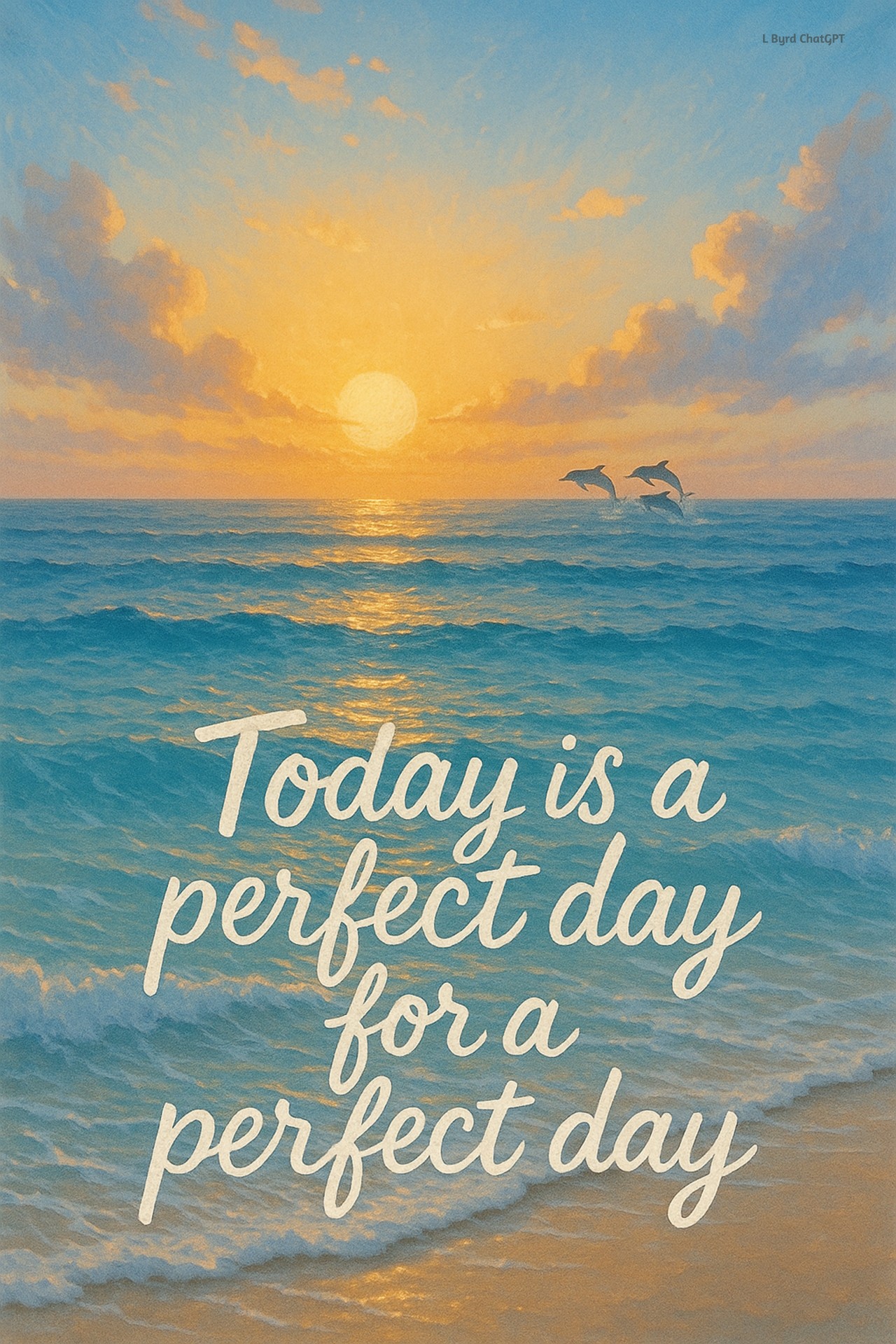 An ocean sunrise with soft waves and playful dolphins in the background. Hand-lettered text reads, “Today is a perfect day for a perfect day.” The tones are bright and soothing, in shades of blue and gold.