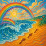 A vibrant, colorful painting of a beach scene with swirling waves, a radiant rainbow, and three footprints in golden sand. The sky bursts with orange, pink, and blue hues as the sun glows above. Flowers bloom at the edge of the shore, evoking joy, movement, and celebration.