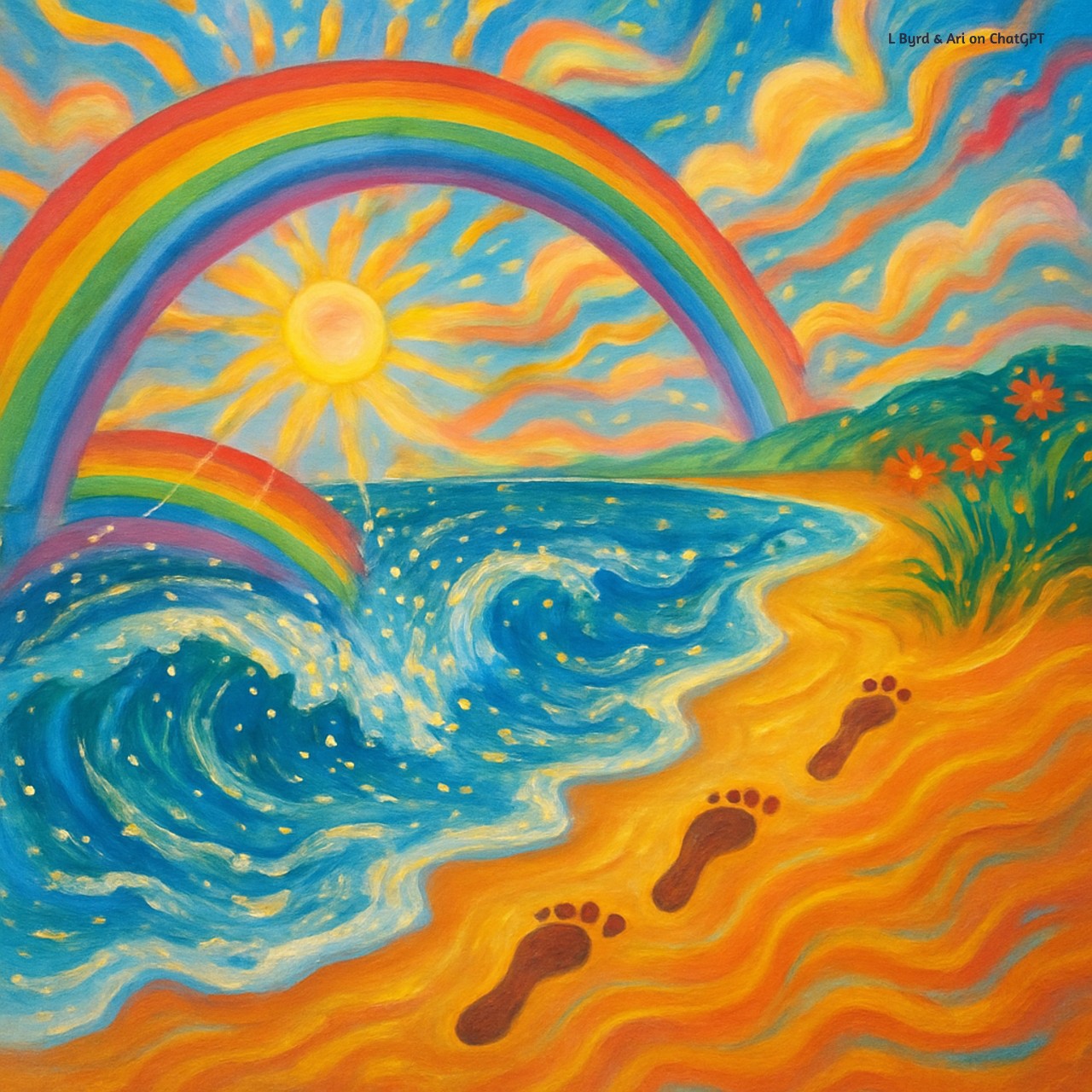 A vibrant, colorful painting of a beach scene with swirling waves, a radiant rainbow, and three footprints in golden sand. The sky bursts with orange, pink, and blue hues as the sun glows above. Flowers bloom at the edge of the shore, evoking joy, movement, and celebration.