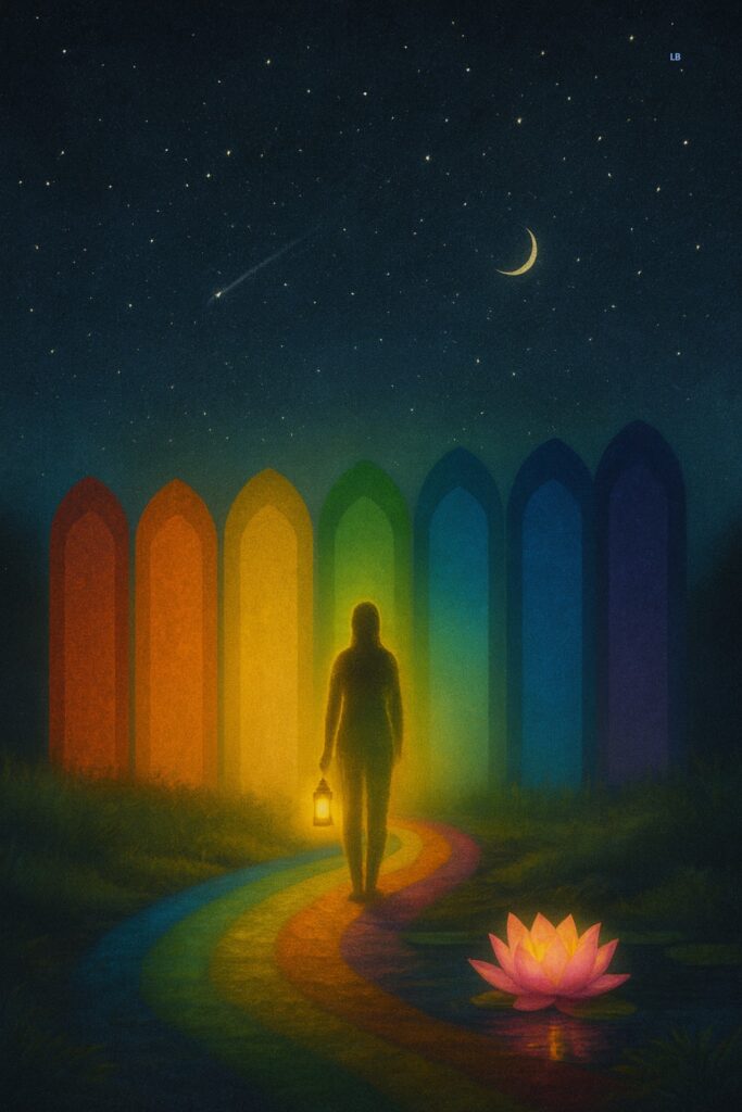A silhouette of a person with a golden aura holds a lantern and walks along a rainbow-colored path leading to seven radiant chakra gates under a starry night sky, with a crescent moon, shooting star, grassy earth, and a pink lotus floating in a small pond in the foreground.