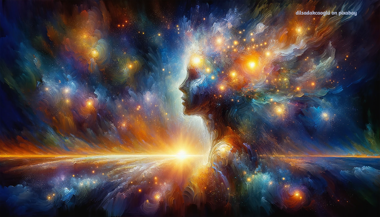 A luminous silhouette of a human profile made of stars and cosmic light, blending seamlessly into the universe. Swirls of radiant frequency of energy flow through the figure and sky, with a rising sun on the horizon. The image suggests that form and energy are one, reflecting the truth of unity and cosmic love.