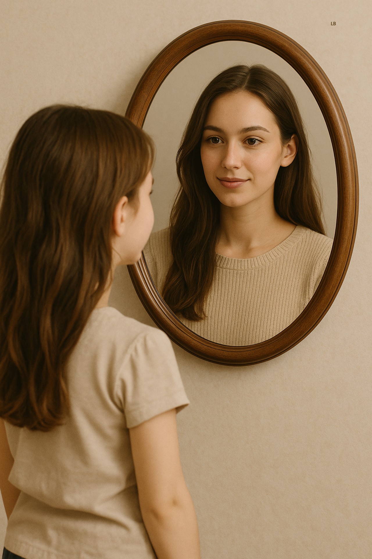A young girl gazes into an oval mirror where the reflection shows her as a graceful young woman, symbolizing growth, love, and the passage of time. Showing tender fierceness.