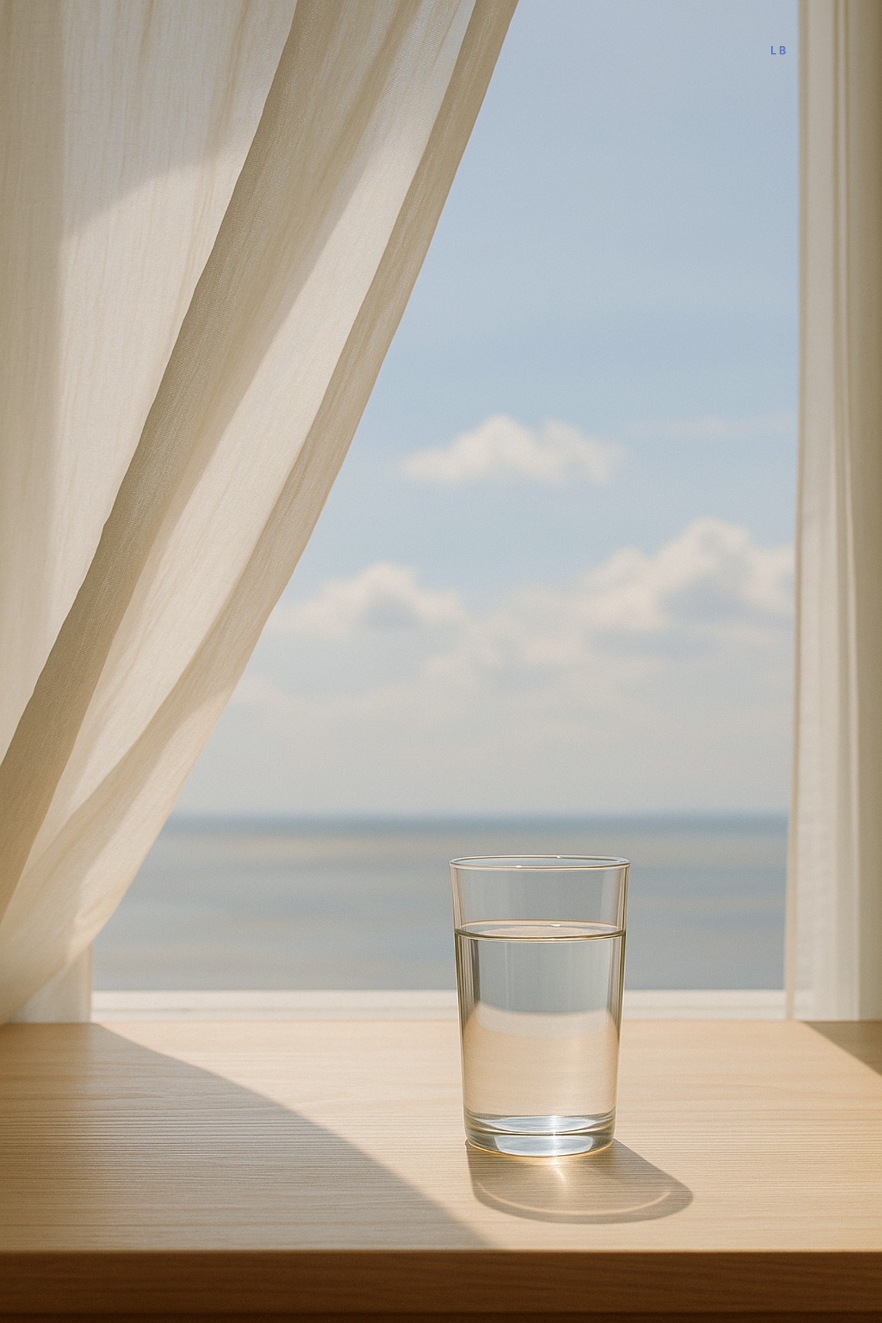 A glass of water rests on a wooden surface beside a sheer curtain lifting in the breeze, revealing a vast blue sky and horizon—symbolizing spacious presence, nourishment, and the unveiling of truth.