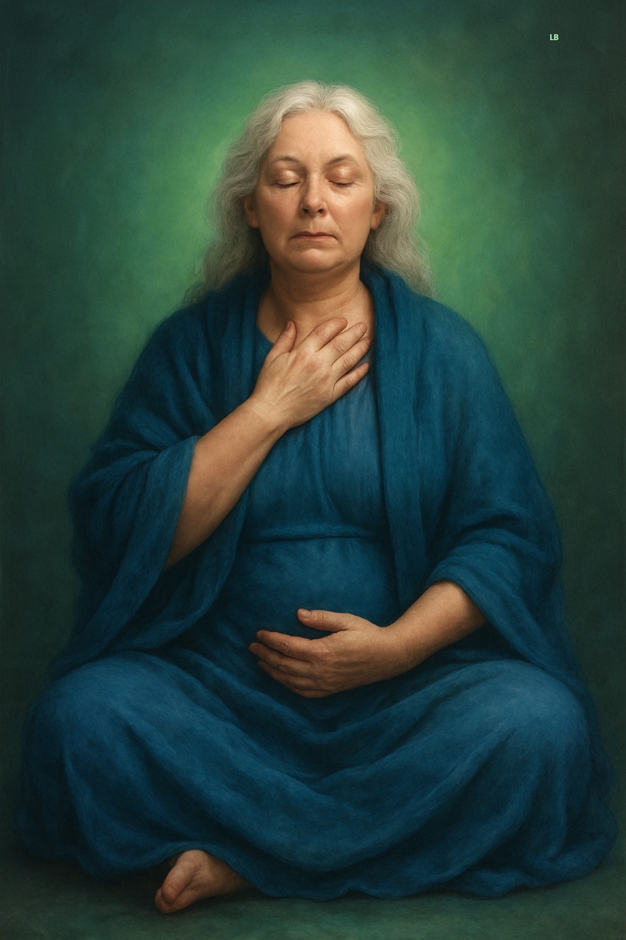 A wise older woman with white hair sits cross-legged in meditation, soft and round-bodied. She wears a royal blue gown with a shawl, one hand resting across her throat and heart, the other on her low belly at the root chakra. A gentle green light surrounds her, symbolizing healing and balance of voice, heart, and root energy. This woman being aware of her body speaking.