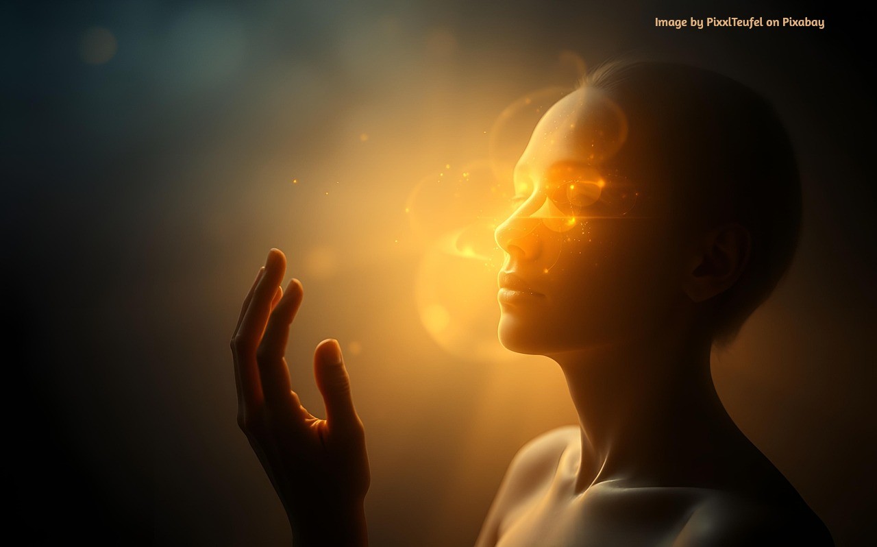 A soft glowing figure with closed eyes, touched by golden light, hand lifted as if sensing the energy around them.