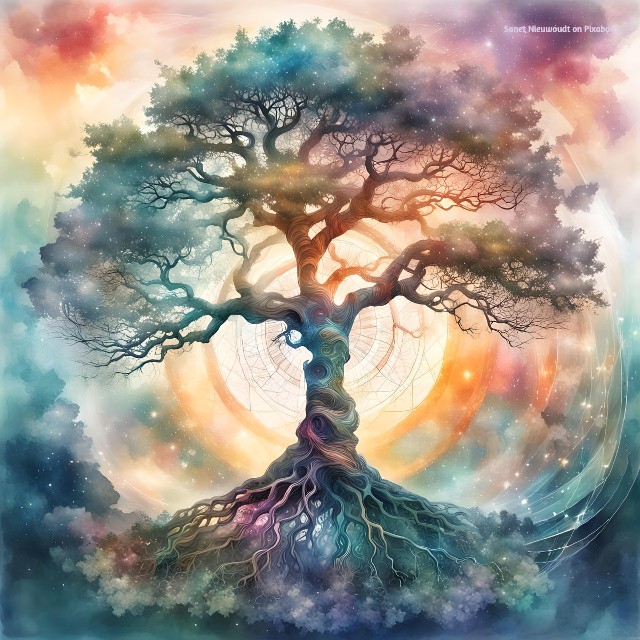 A cosmic tree with glowing roots, a strong trunk, and radiant branches framed by a luminous circle of light, symbolizing the Root, Heart, and Crown Chakras.