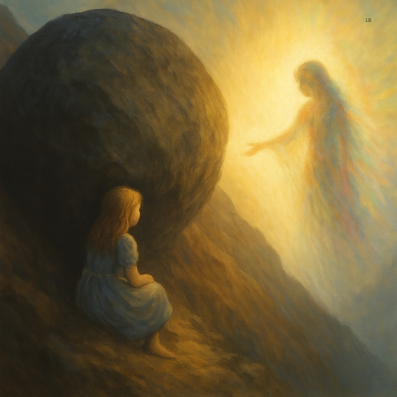 Childlike figure resting at the base of a massive boulder on a mountain, a radiant woman offering her hand as both dissolve into light.