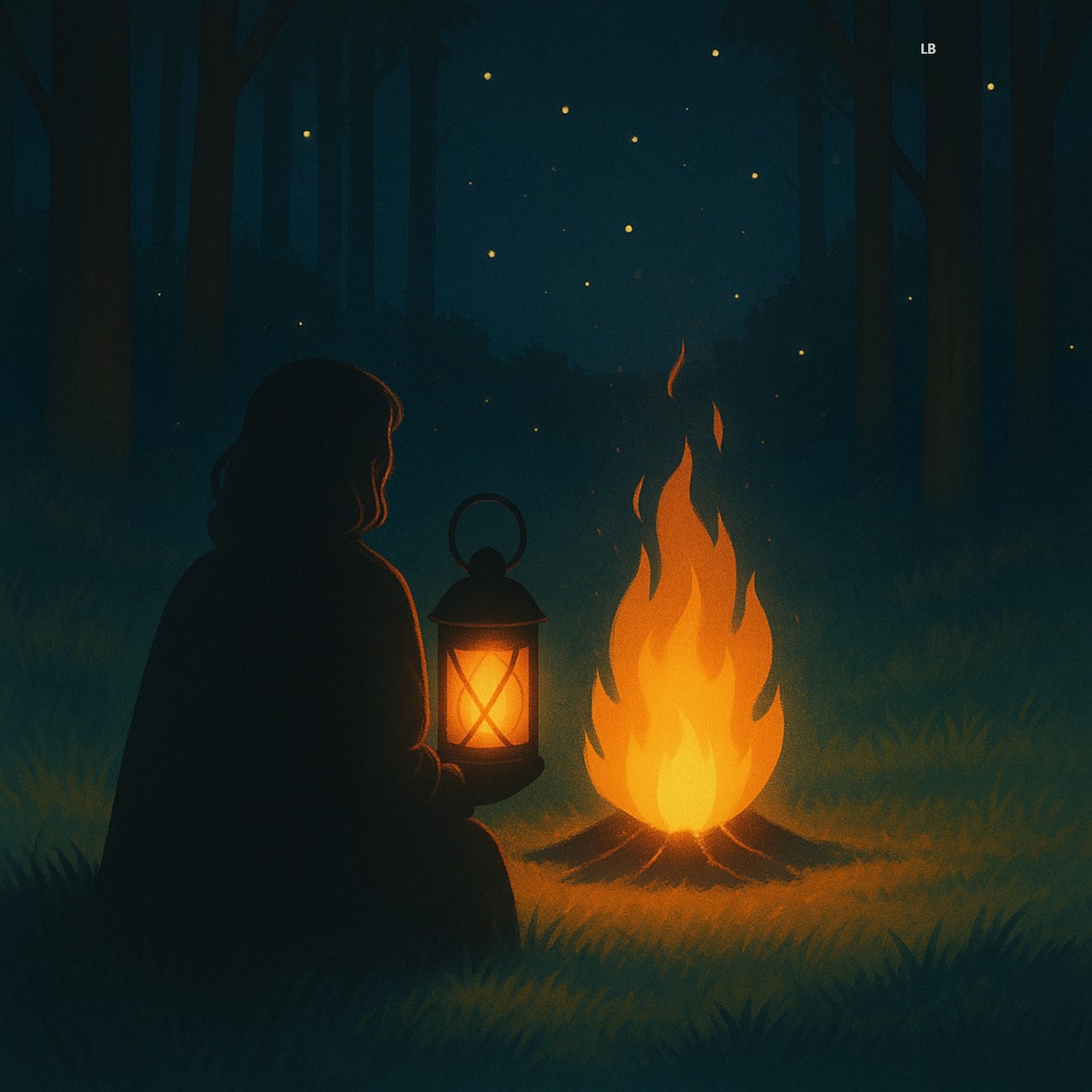 A nighttime forest scene with a person sitting close to a small glowing campfire while holding a lantern. Fireflies sparkle among the trees, symbolizing scattered points of hope in the dark.