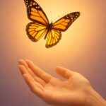 A butterfly lifting from an open hand into golden light — symbolizing trust, transformation, and love in motion.