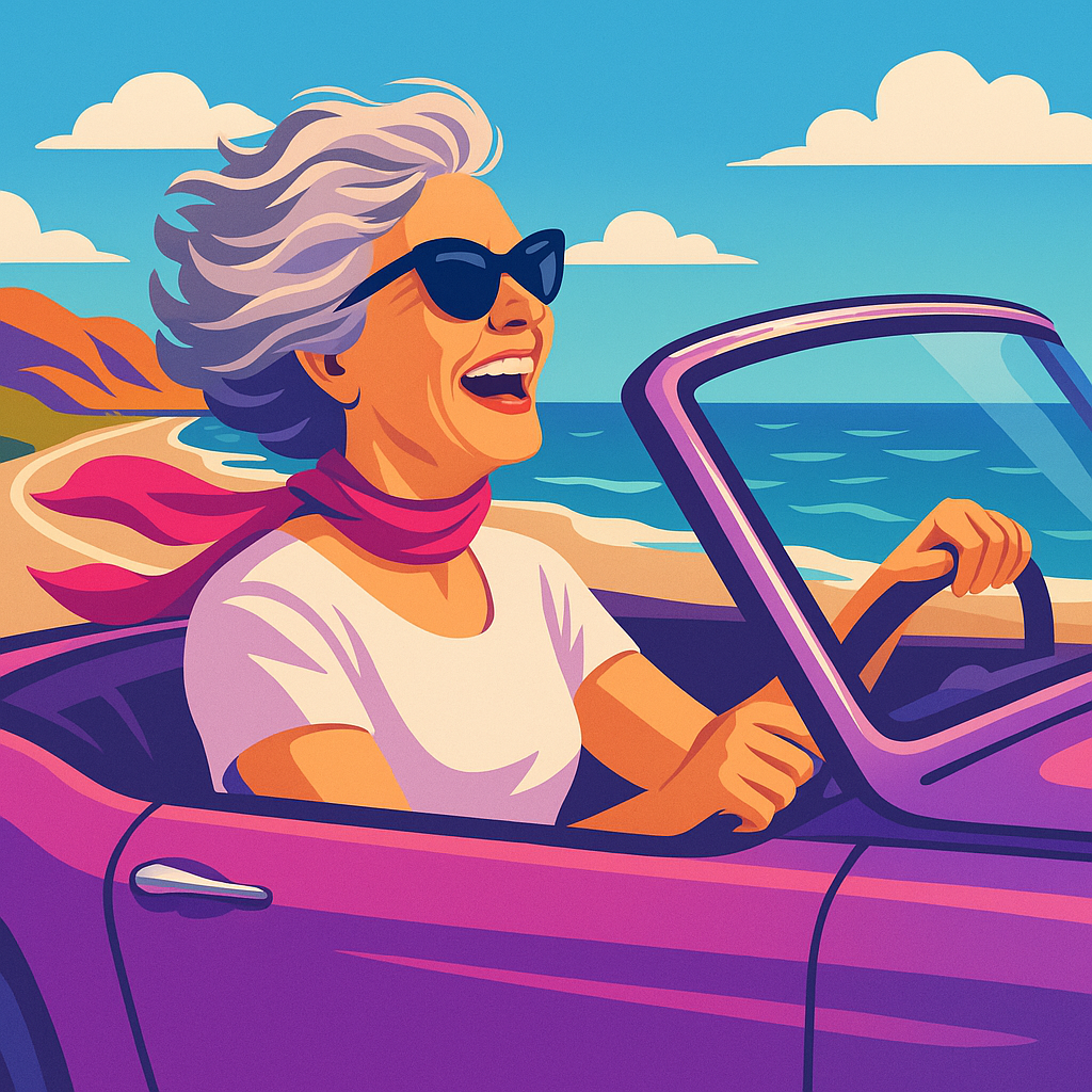 Stylized illustration of a silver-haired woman laughing joyfully as she drives a pink and purple convertible along a coastal highway, her scarf and hair streaming in the wind, sunlight glinting off the car, symbolizing freedom, self-acceptance, and radiant confidence.