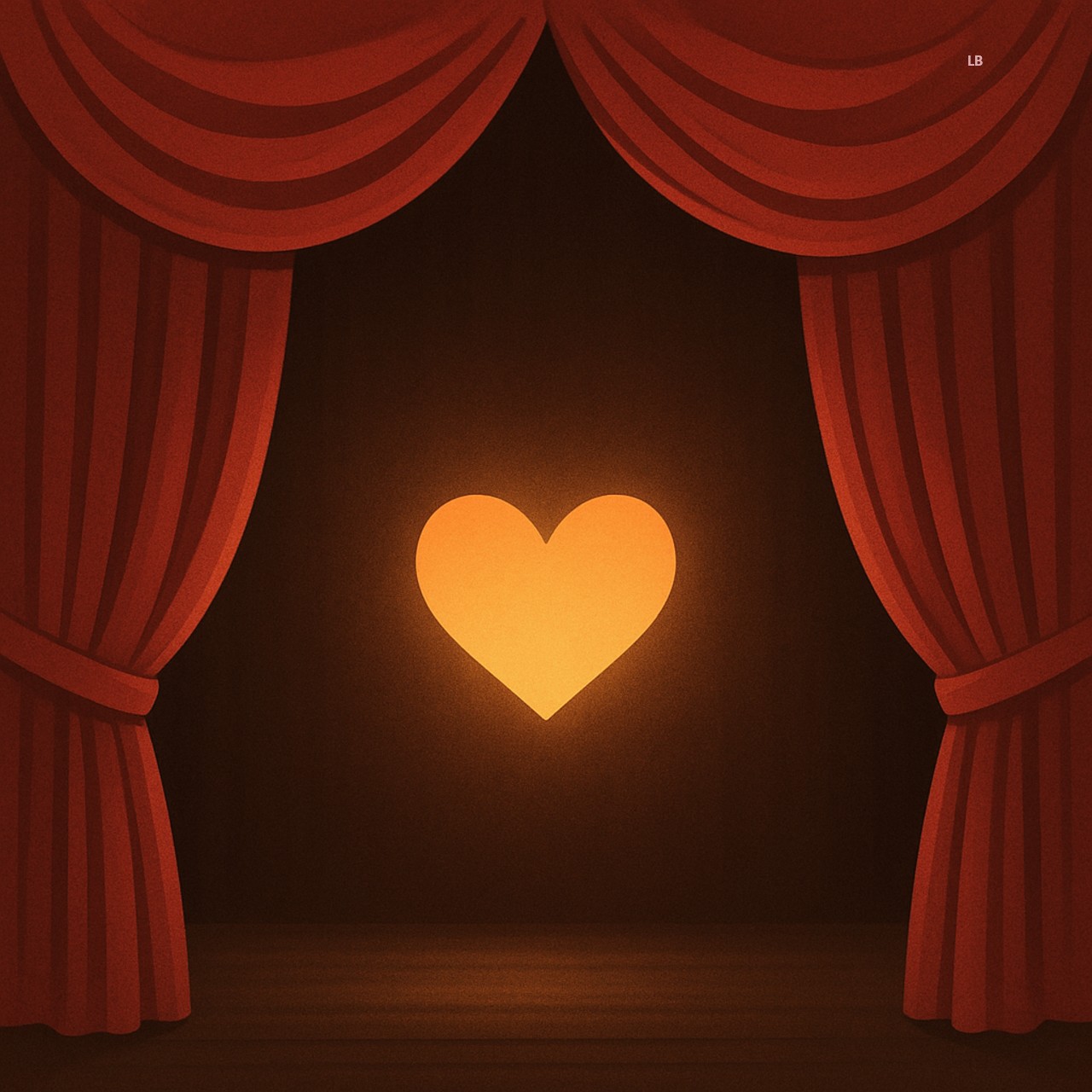 A stage with deep red curtains pulled back to reveal a glowing golden heart at center stage, symbolizing stepping back into life with love and humor. The theme is Life as a sitcom