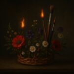 A handmade crown of wildflowers, brushes, and flames resting on a dark surface, symbolizing women’s creative power and reclamation of “uppity.”