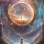 A woman in a flowing white gown stands at the top of a golden staircase leading into a vast cosmic sky. In front of her, an enormous circular portal made of swirling light opens into another realm filled with planets, nebulae, and luminous orbs. The scene feels ethereal, otherworldly, and symbolic of crossing a spiritual threshold. Art by Harry2207 on Pixabay.