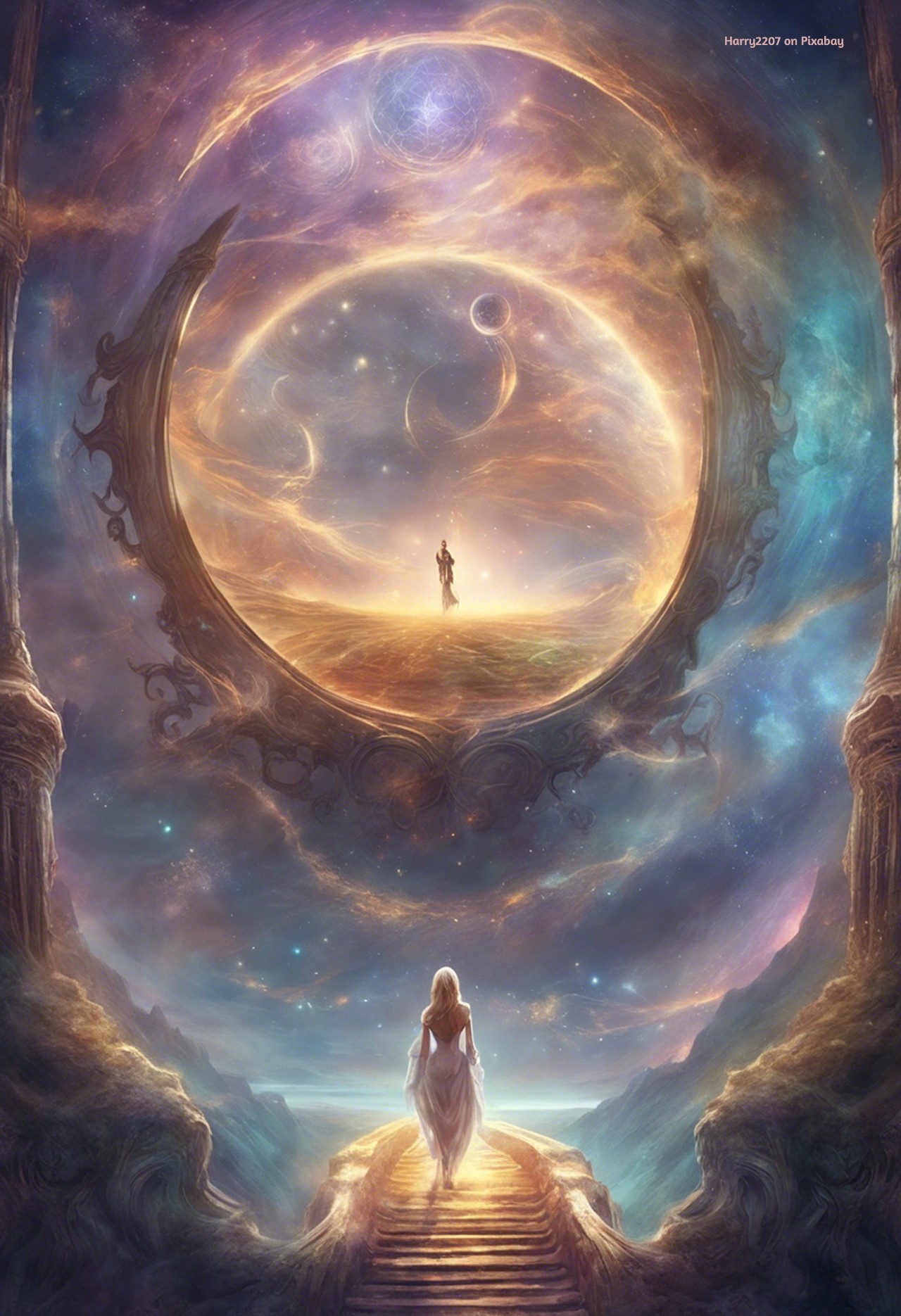 A woman in a flowing white gown stands at the top of a golden staircase leading into a vast cosmic sky. In front of her, an enormous circular portal made of swirling light opens into another realm filled with planets, nebulae, and luminous orbs. The scene feels ethereal, otherworldly, and symbolic of crossing a spiritual threshold. Art by Harry2207 on Pixabay.