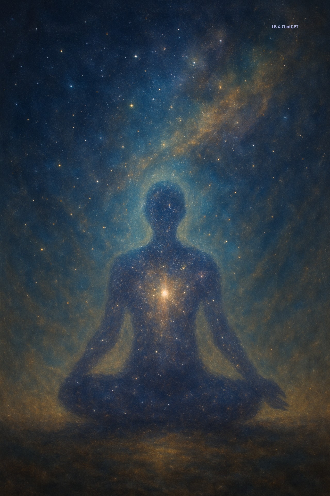 An abstract image of a luminous, cross-legged figure made of stars and cosmic light, seated at the meeting point of earth and sky. The glowing silhouette radiates gentle energy from within, symbolizing divine consciousness remembering itself and the unity of all creation.