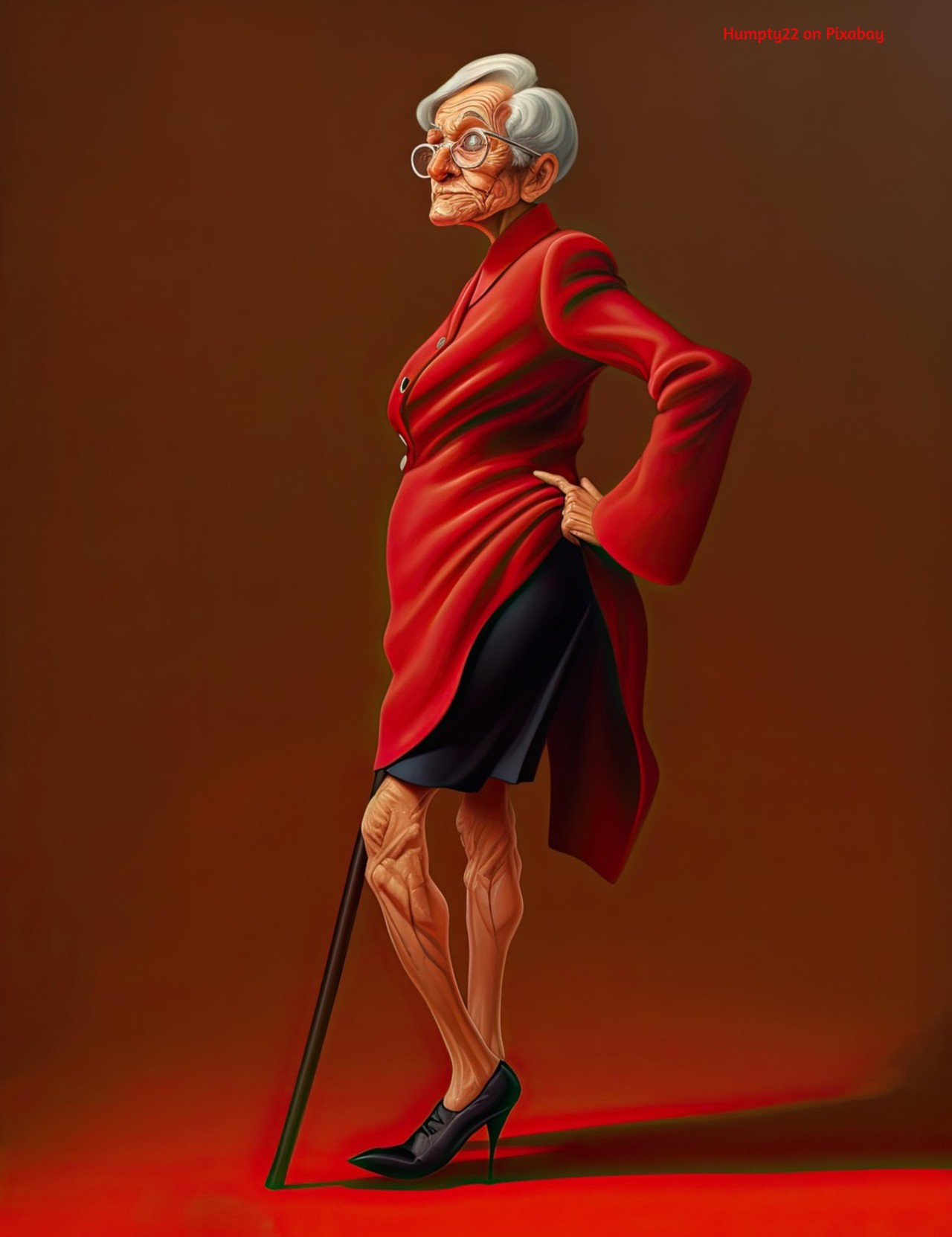 An older woman with silver hair stands tall in a bold red coat and black high heels. Her posture is fierce and unapologetic, one hand on her hip, the other holding a cane. She gazes to the side with sharp confidence, embodying strength, sass, and the power of aging boldly.