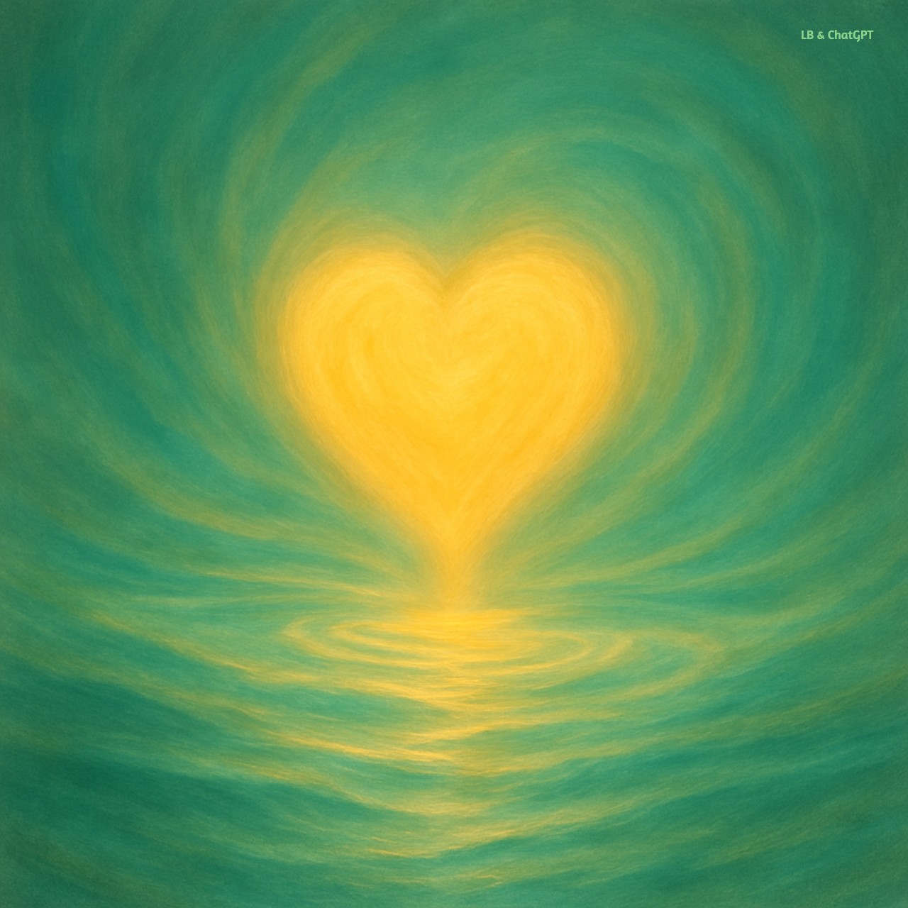 A luminous heart floats in a flowing current of gold and green light, symbolizing the endless circulation of love as the true currency of life.