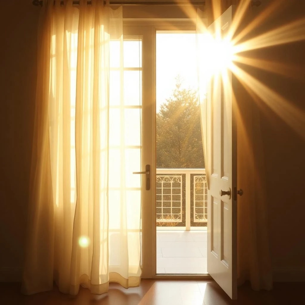 An open door with sheer curtains, sunlight streaming into a quiet room, suggesting a gentle threshold between spaces.