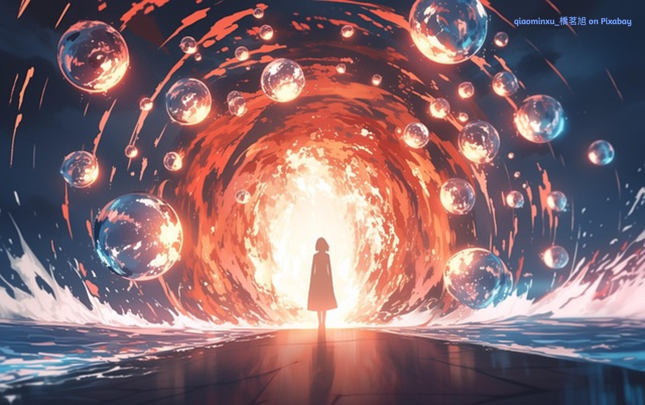 Silhouette of a woman standing before a glowing cosmic portal surrounded by swirling light and floating orbs, symbolizing sovereignty, rebirth, and stepping into her true power.