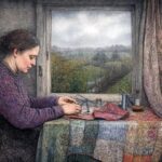 A woman sits at a table by a window, carefully stitching fabric by hand, absorbed in quiet, focused work as a soft landscape unfolds outside. Image by alanajordan on pixabay.