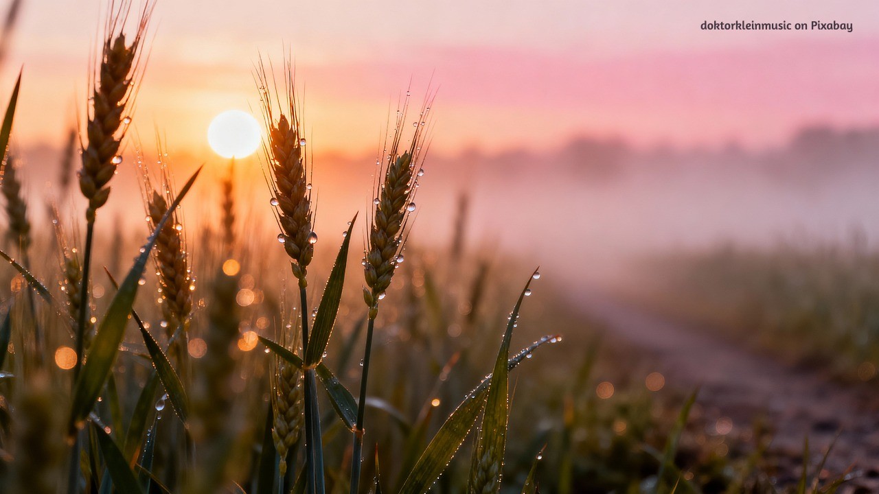 Dew-covered wheat in the early morning light, evoking calm, presence, and a sense of being gently welcomed. Image created by Doktorkleinmusic on Pixabay