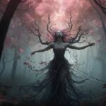 A mystical feminine figure stands in a quiet forest with tree-like branches extending from her body and arms, symbolizing rooted strength, transformation, and the sacred power of nature. Image by 1tamara2 on Pixabay