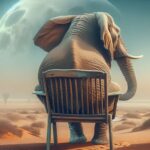 An elephant seated on a wooden chair beneath a large moon in a quiet desert landscape, facing the horizon in stillness. Image credit: alexas_fotos via Pixabay.