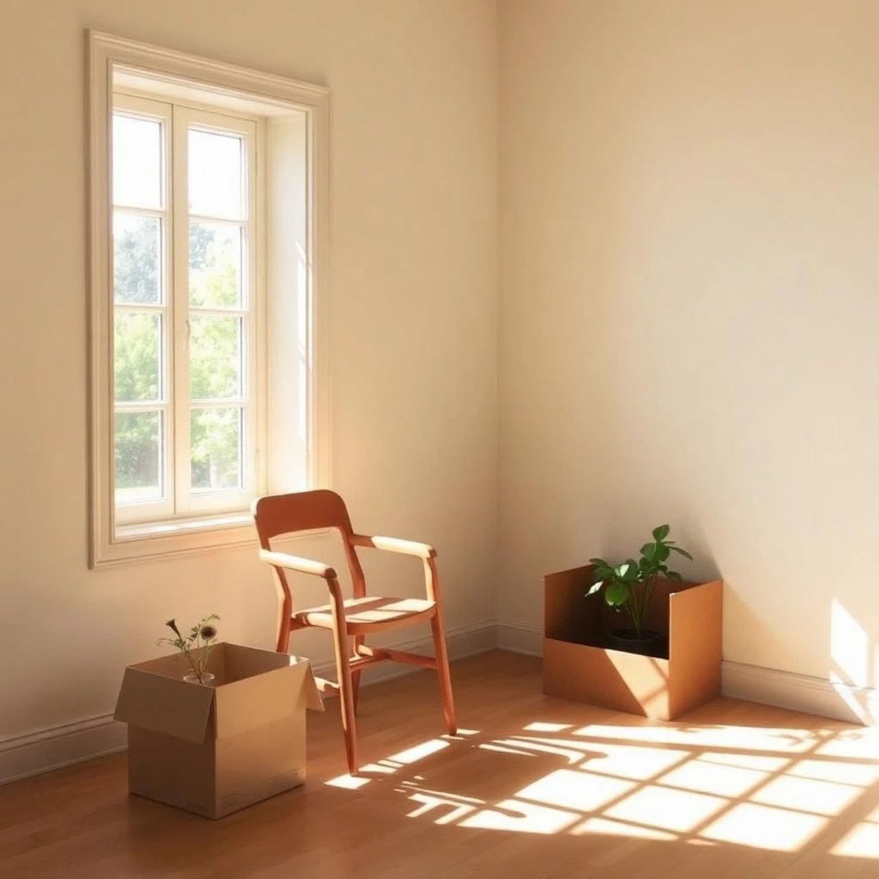 Sunlit nearly empty room with a wooden chair beside a tall window, two moving boxes on the floor, and soft afternoon light casting shadows across the hardwood floor. Image by LB on Pixlr