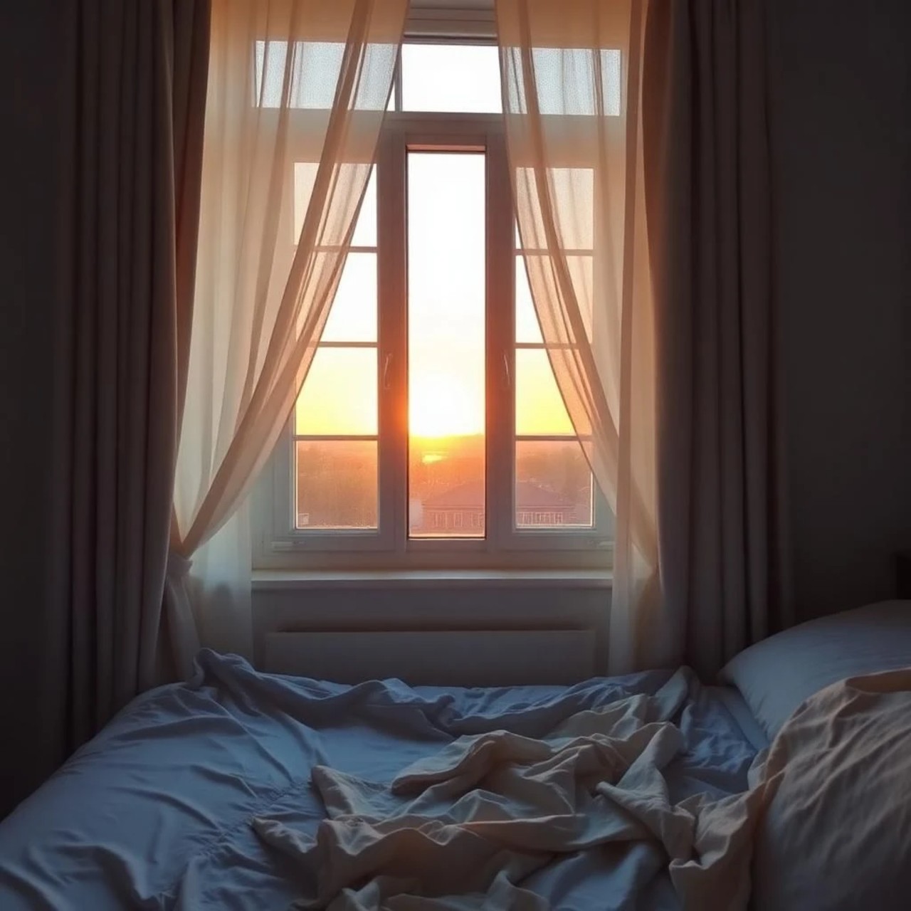 Sunrise streaming through sheer curtains above an unmade bed, soft morning light filling a quiet room. Image by the author.