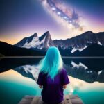 A woman with long light hair sits quietly at the edge of a still lake, gazing at mountains and a vast sky reflected in the water, evoking introspection and deep awareness. Image by akadarcee on Pixabay.