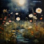 Moonlit wildflowers bloom beside a quiet stream beneath a glowing full moon, creating a dreamy atmosphere of mystery, peace, and enchantment.