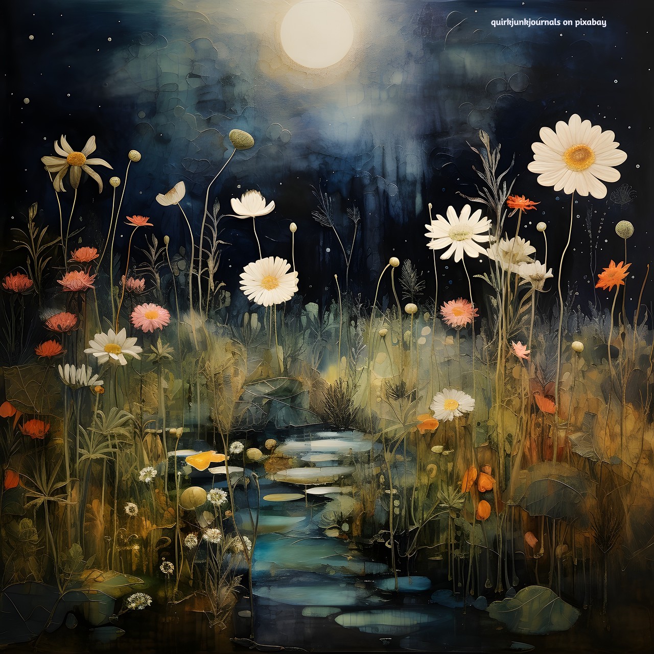 Moonlit wildflowers bloom beside a quiet stream beneath a glowing full moon, creating a dreamy atmosphere of mystery, peace, and enchantment.