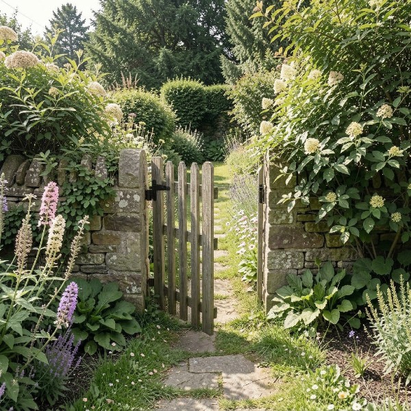 A small wooden garden gate stands partially open between stone walls and lush summer flowers. Image created on Pixlr.
