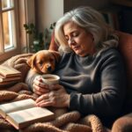 Silver-haired woman wrapped in a blanket sits quietly by a window holding a cup of tea while a small puppy rests beside her. Open books and soft morning light create a feeling of warmth, reflection, and temporary refuge. Author created image on Pixlr