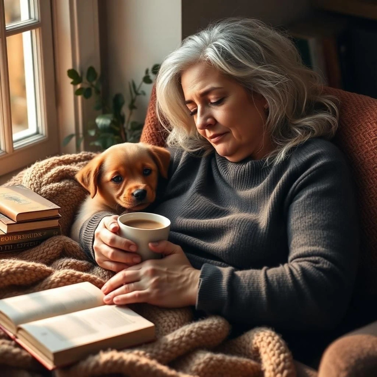 Silver-haired woman wrapped in a blanket sits quietly by a window holding a cup of tea while a small puppy rests beside her. Open books and soft morning light create a feeling of warmth, reflection, and temporary refuge. Author created image on Pixlr