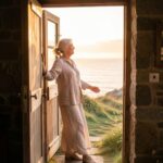 Woman standing in an open doorway overlooking the sea at sunrise, symbolizing self-forgiveness, freedom, and stepping beyond old mistakes. Image created on Pixlr by author.