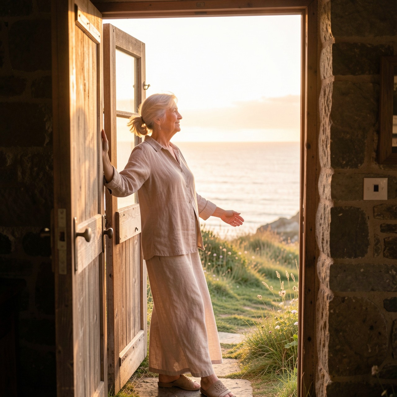 Woman standing in an open doorway overlooking the sea at sunrise, symbolizing self-forgiveness, freedom, and stepping beyond old mistakes. Image created on Pixlr by author.