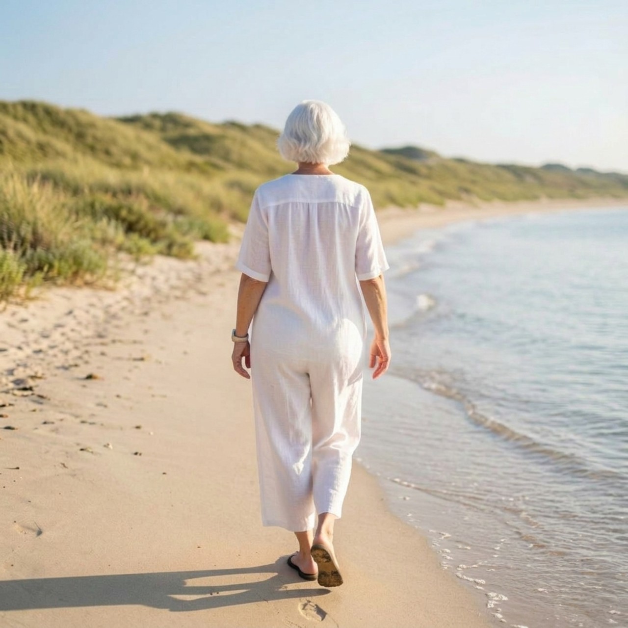 Older woman dressed in white walking peacefully along a shoreline beside dune grass, symbolizing self-acceptance, freedom, and belonging. Image created by author.