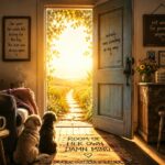 A cozy sunlit room opens onto a bright path leading into the countryside. Two dogs sit near an open door as golden light streams inside, symbolizing freedom, courage, and the realization that the way forward has been open all along. Image created by me.
