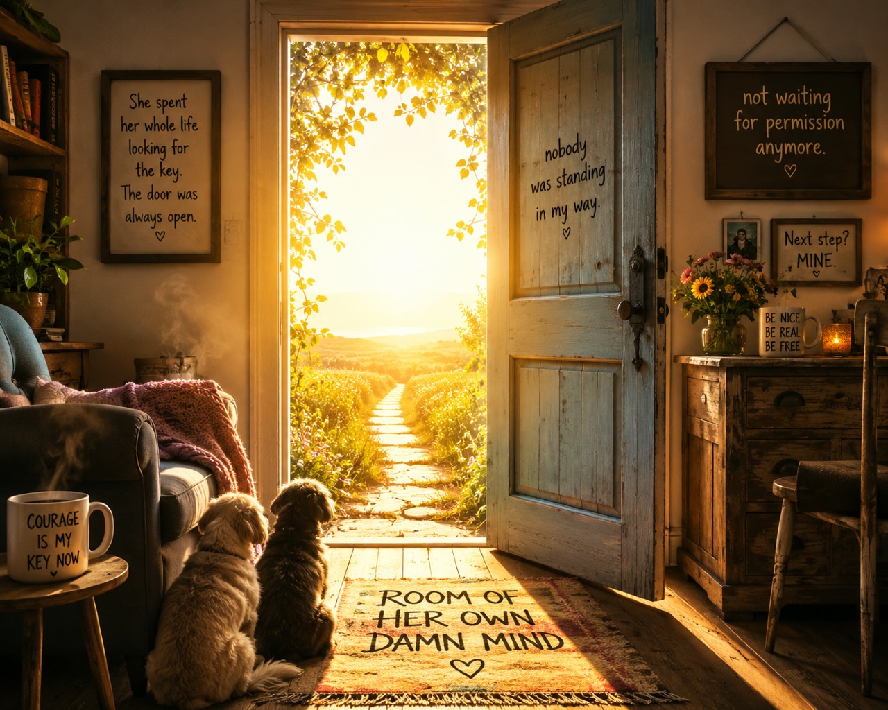 A cozy sunlit room opens onto a bright path leading into the countryside. Two dogs sit near an open door as golden light streams inside, symbolizing freedom, courage, and the realization that the way forward has been open all along. Image created by me.