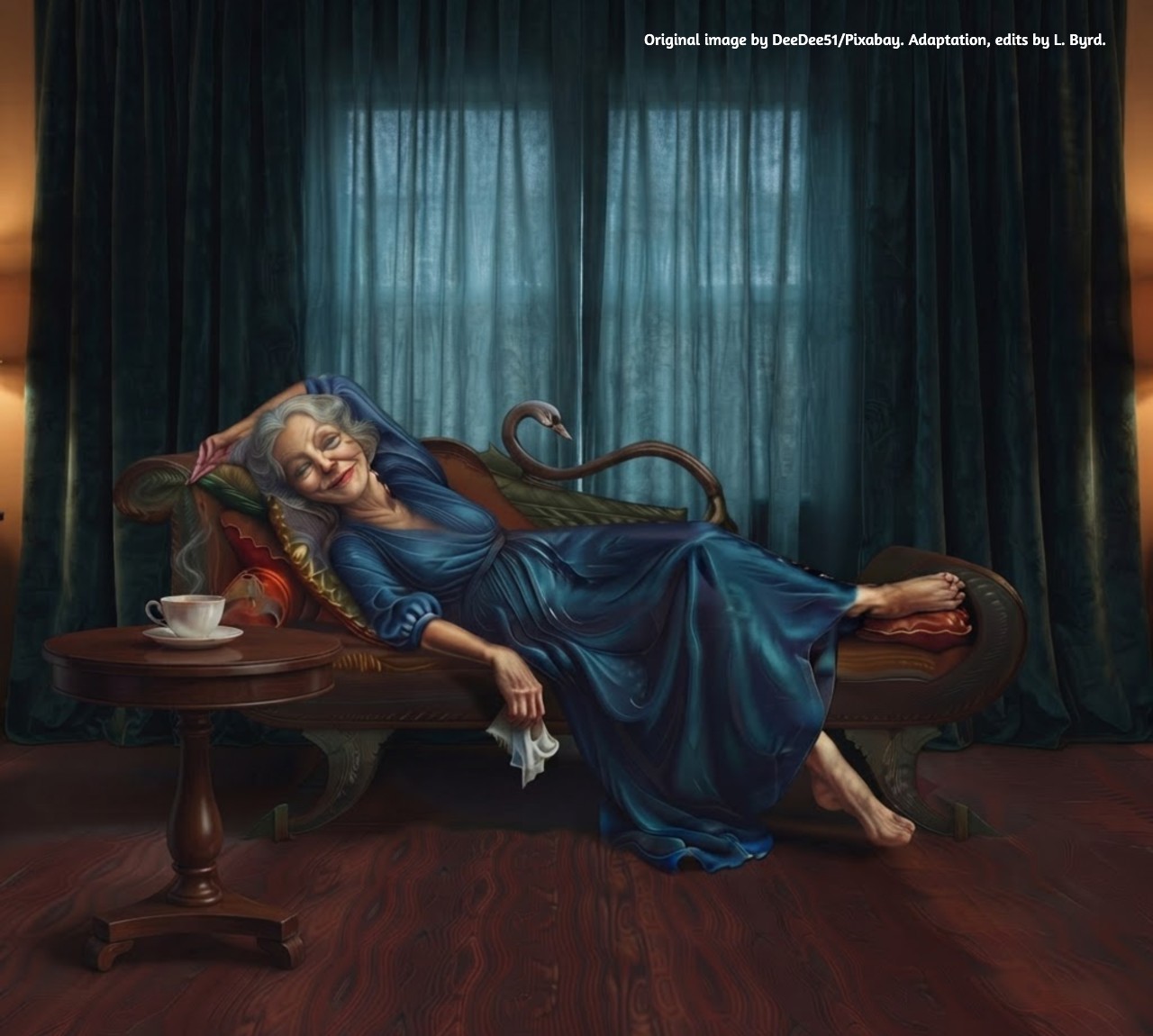 A beautiful, silver-haired woman swooning on her chaise lounge. Tea cup beside her on small table.