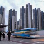 City bus speeding away